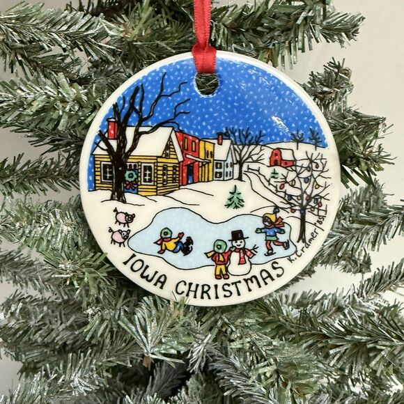 VINTAGE 1985 KATHRYN DESIGNS HAND PAINTED PORCELAIN IOWA CHRISTMAS ORNAMENT - Picture 1 of 4